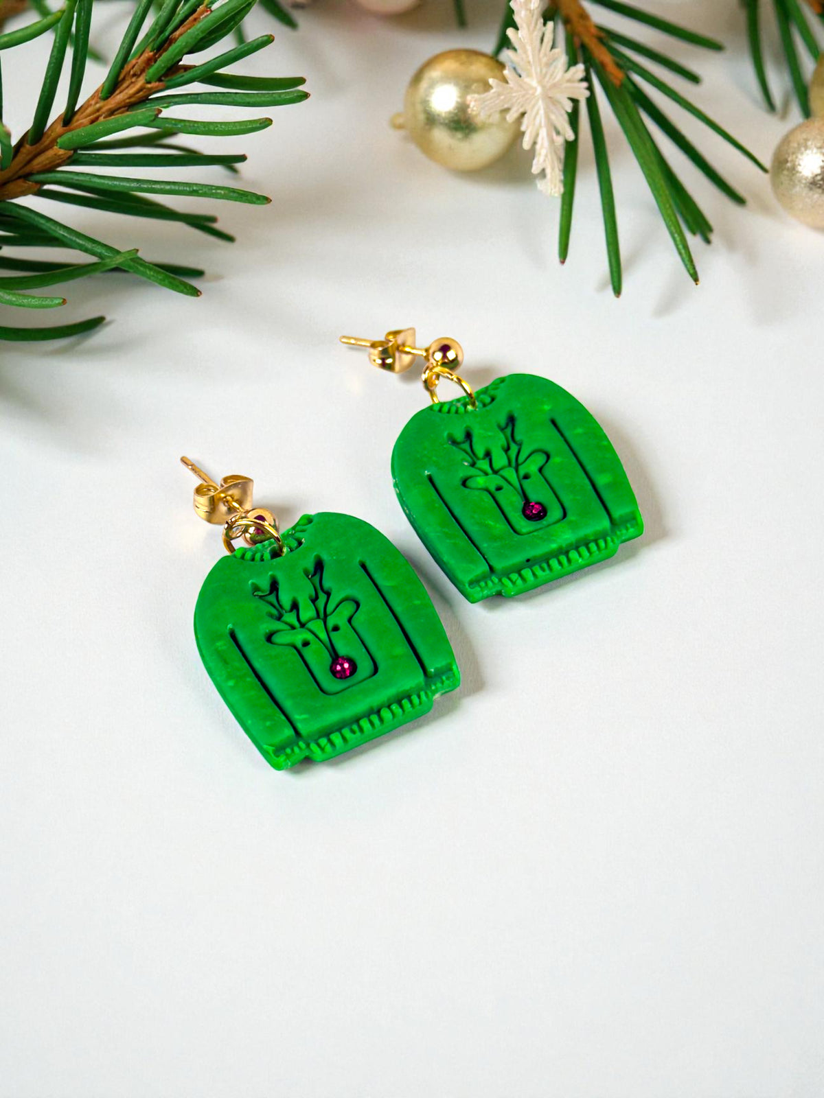 Reindeer Christmas Sweater Dangles - Green, product view 2