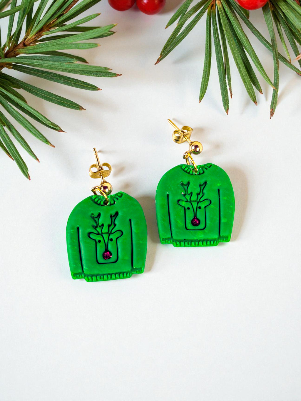 Reindeer Christmas Sweater Dangles - Green by SMYL Designs