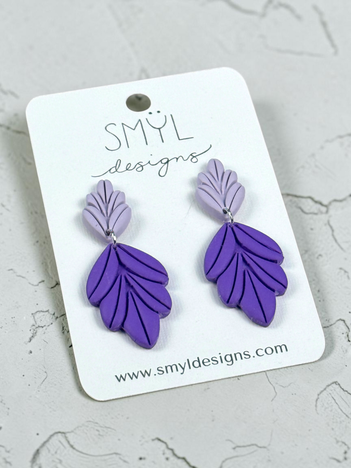 Purple botanical leaf dangle earrings by SMYL Designs
