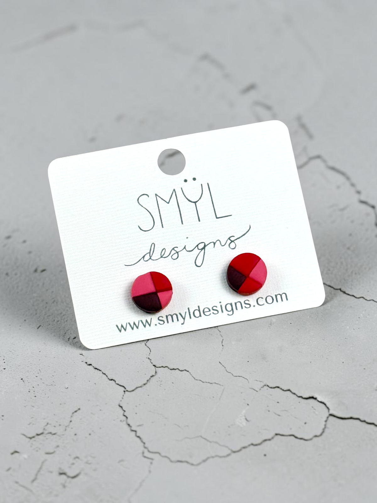 Red, pink, and burgundy patchwork circle stud earrings by SMYL Designs
