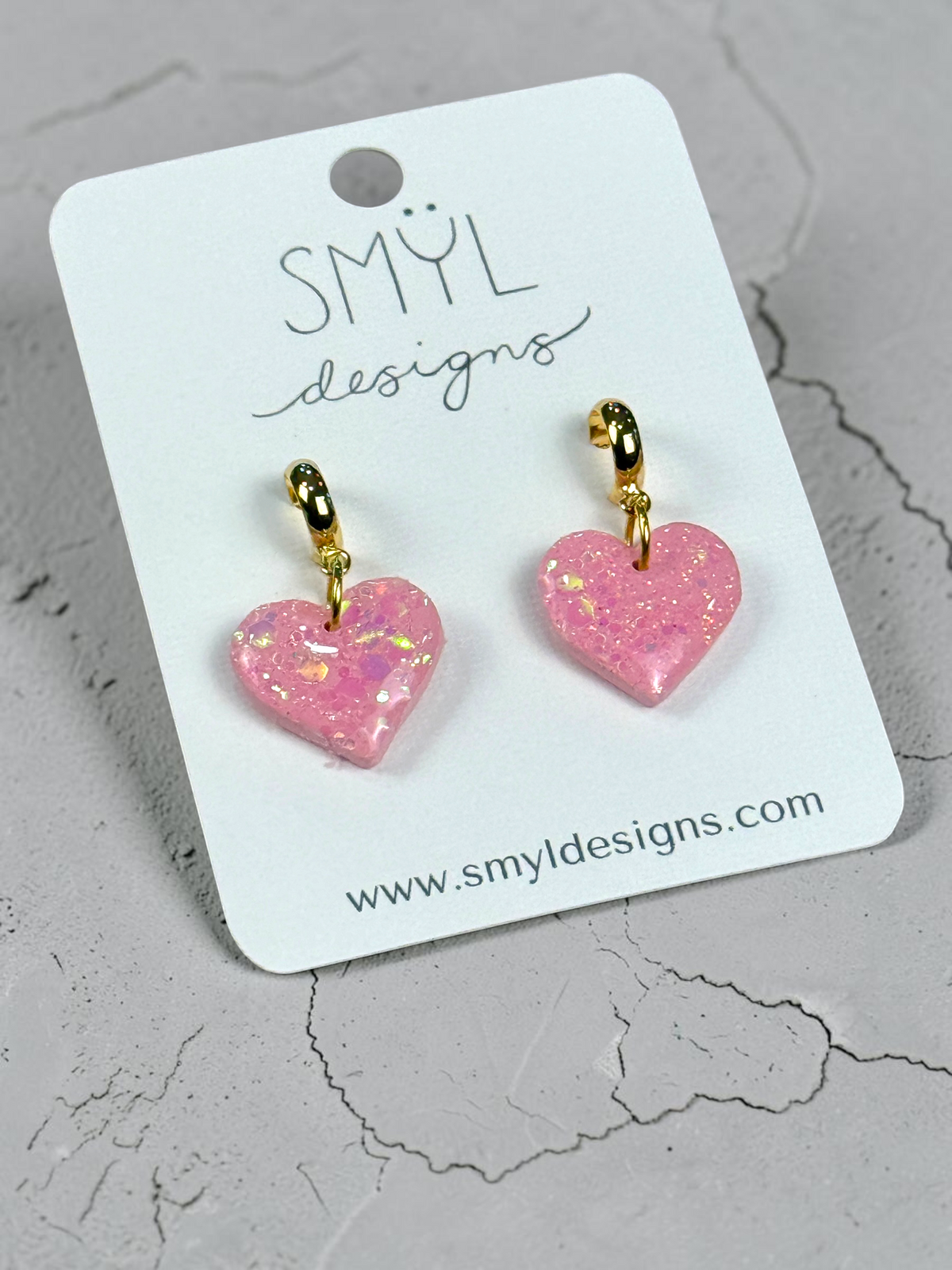 Pink glitter heart huggie dangle earrings