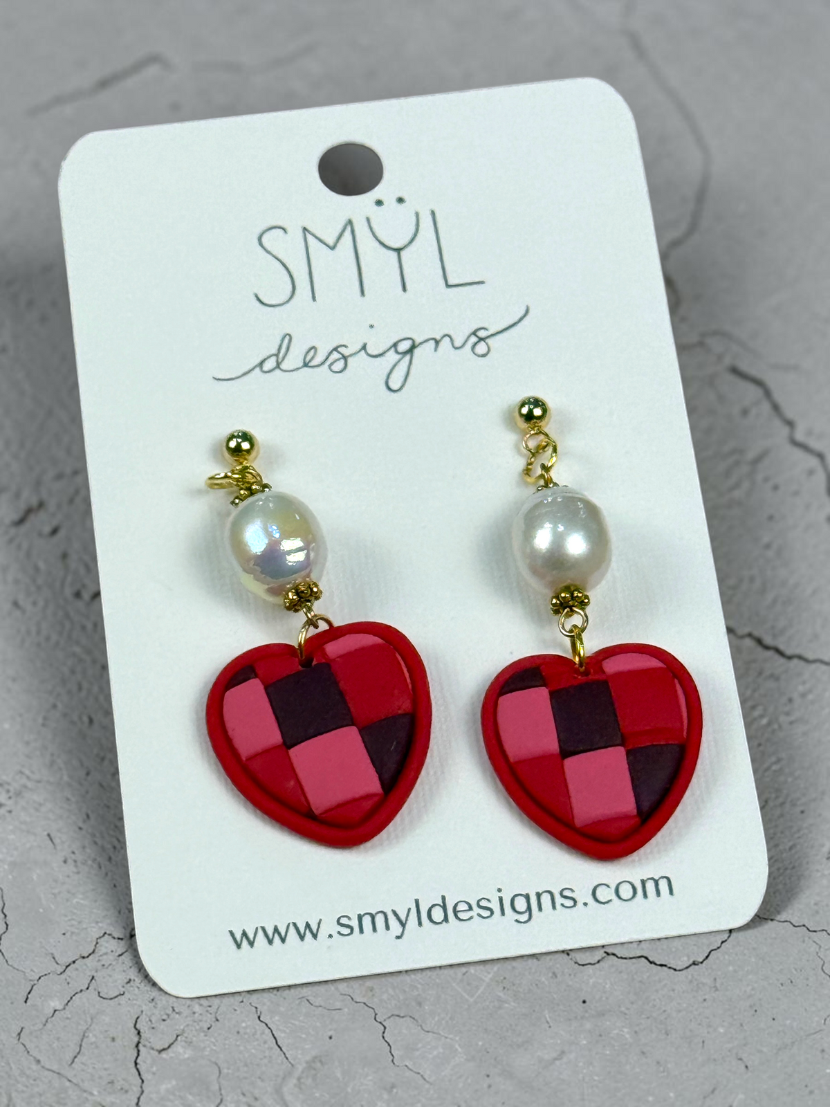 Patchwork heart dangle earrings with pearl accents