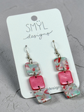 Pink and aqua marbled square dangle earrings