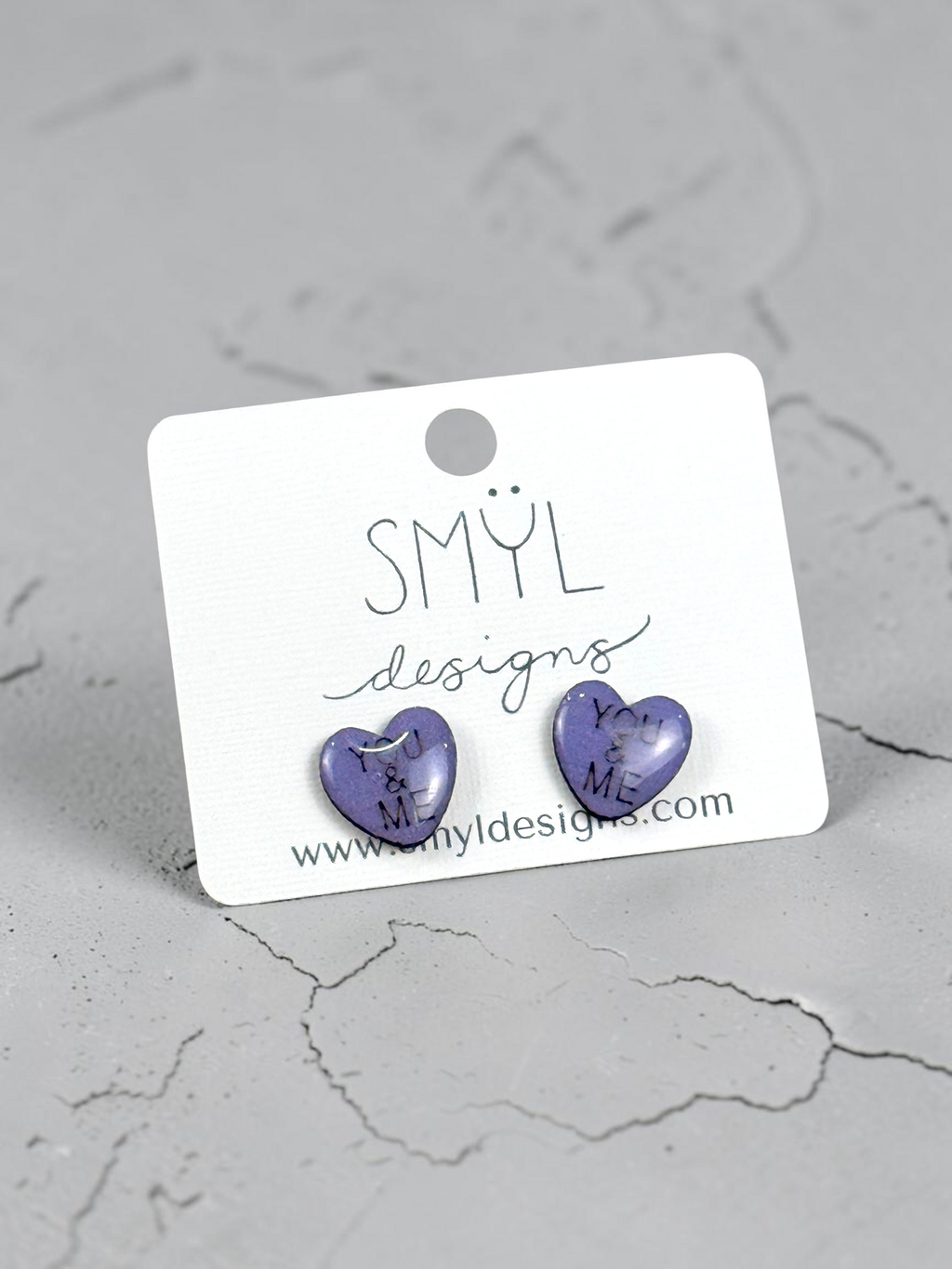 Purple conversation-heart stud earrings, alternate message