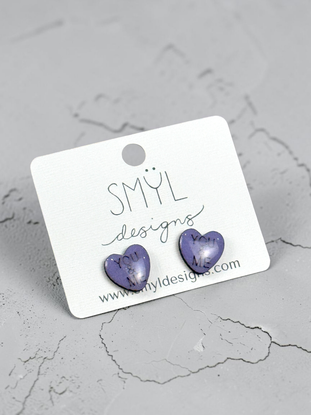 Lavender conversation-heart stud earrings
