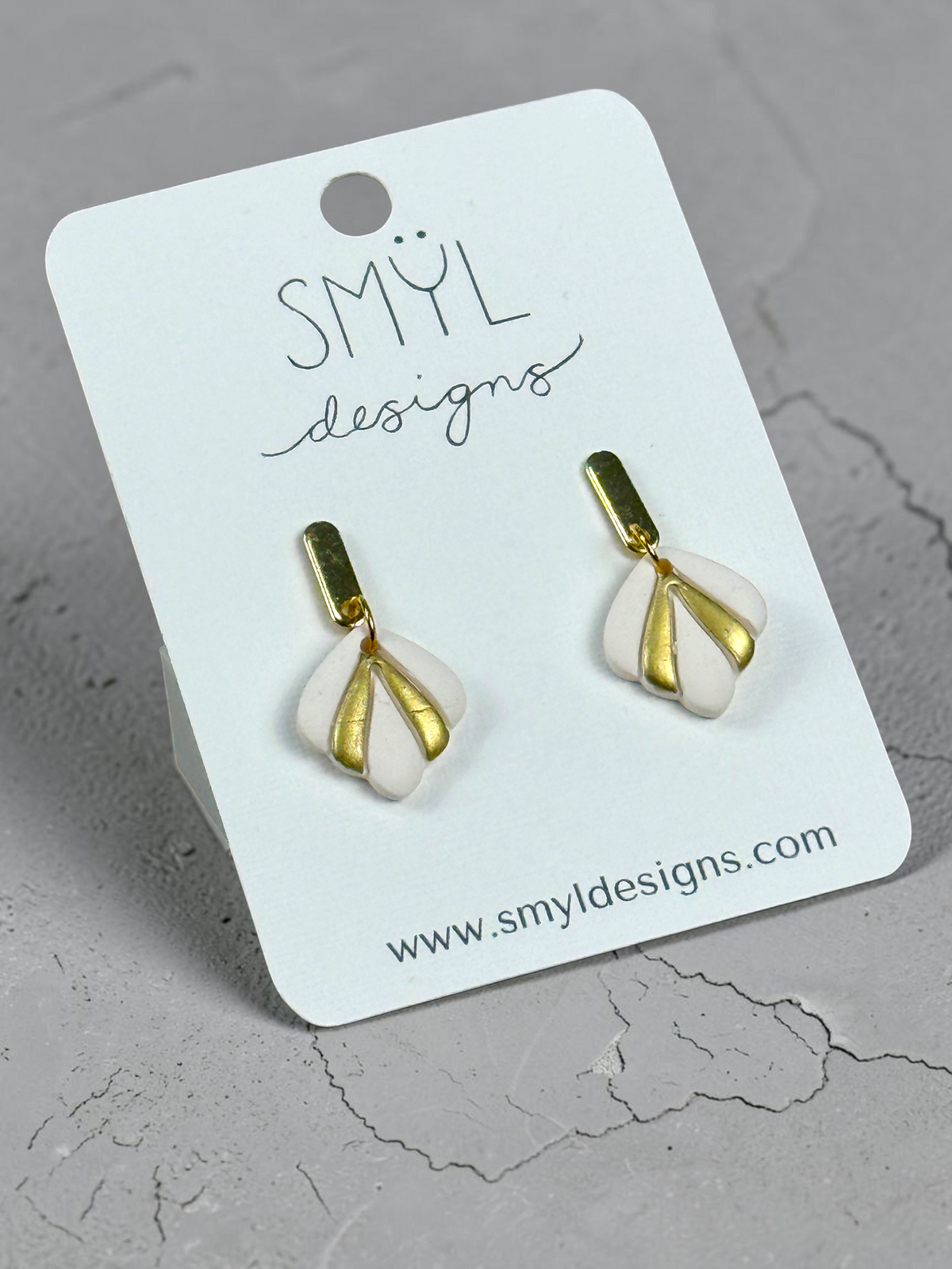 White and gold Art Deco fan dangle earrings