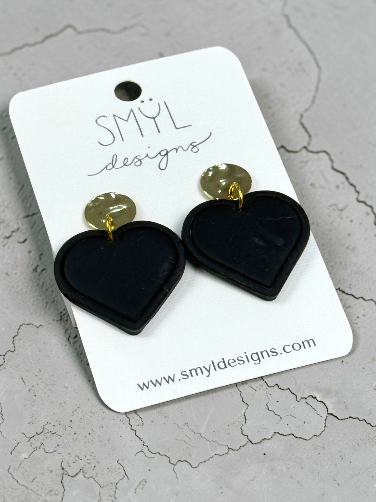 Large black heart dangle earrings with gold stud tops