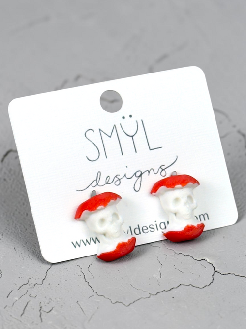 Red and white apple core skull dangle earrings with silver-tone hardware by SMYL Designs
