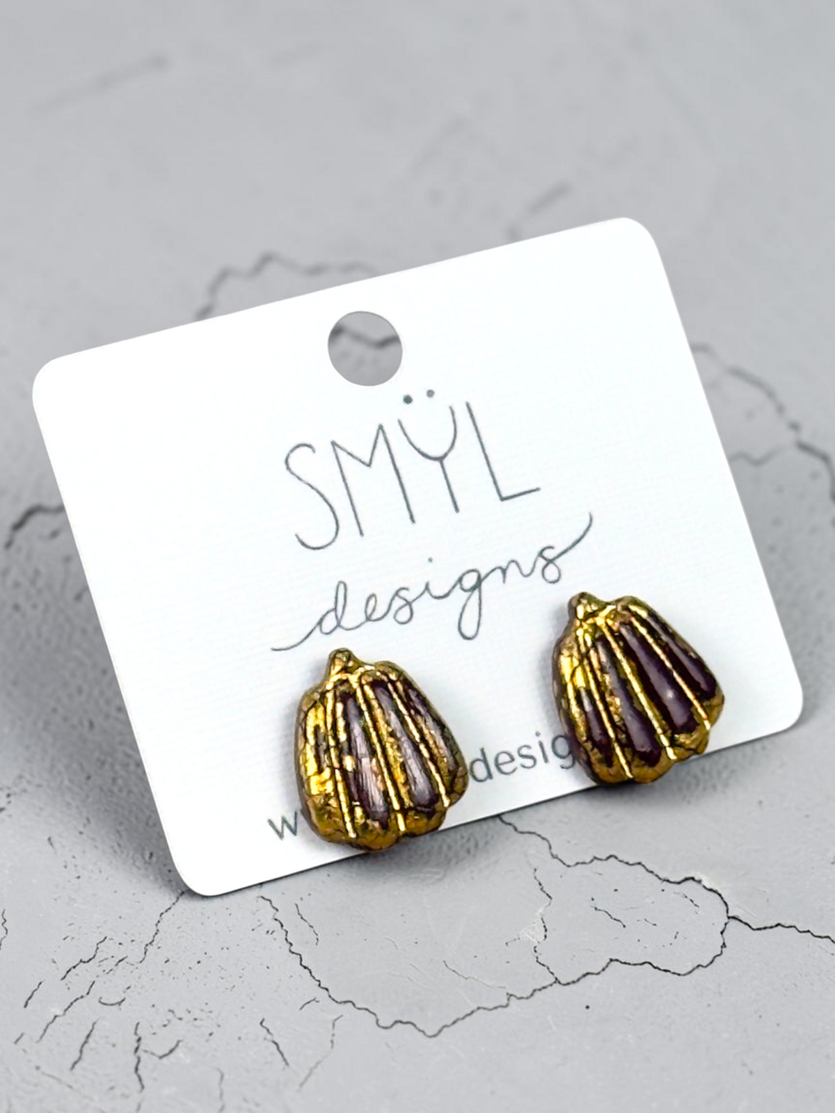 Burgundy tall pumpkin stud earrings with gold accents by SMYL Designs