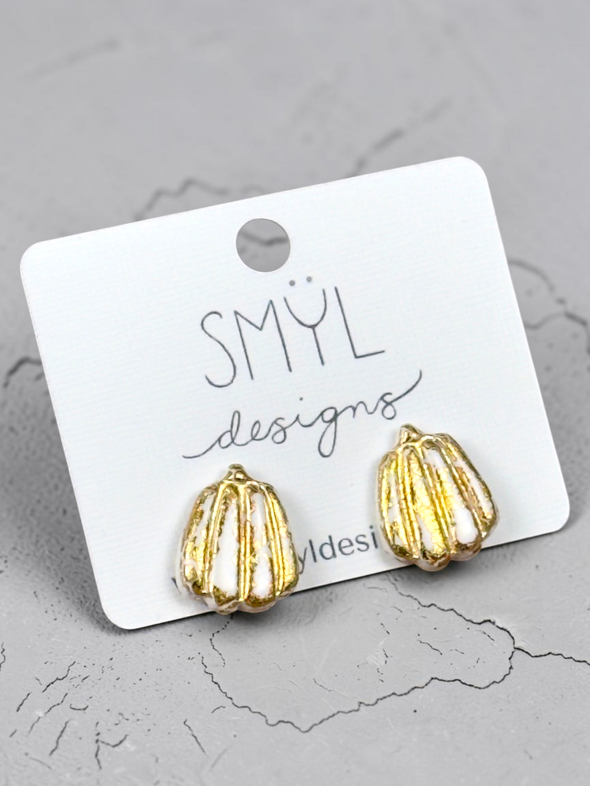 White tall pumpkin stud earrings with gold accents by SMYL Designs