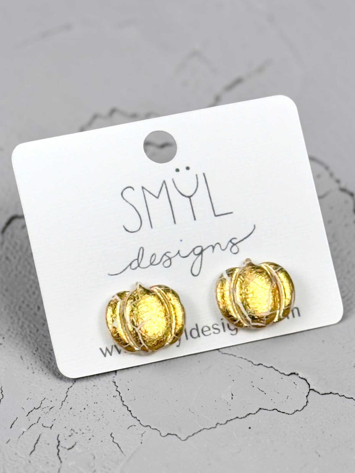 Gold short pumpkin stud earrings by SMYL Designs
