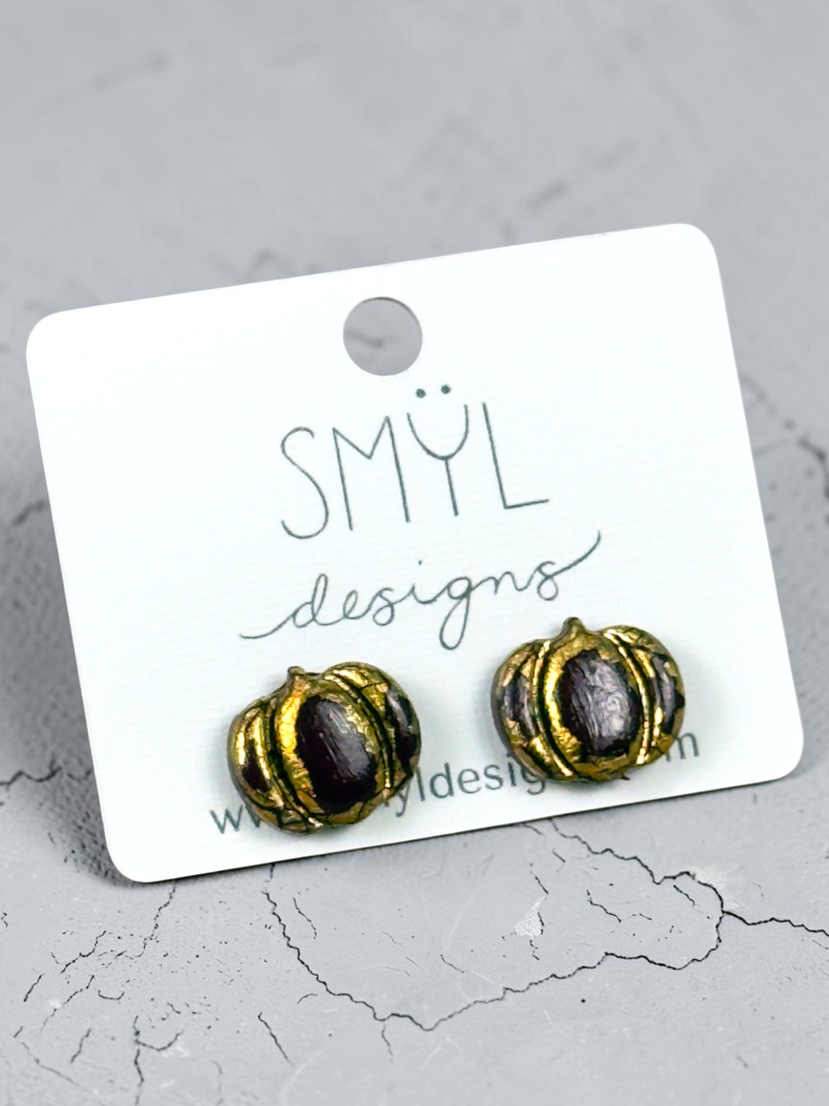 Burgundy short pumpkin stud earrings with gold accents by SMYL Designs