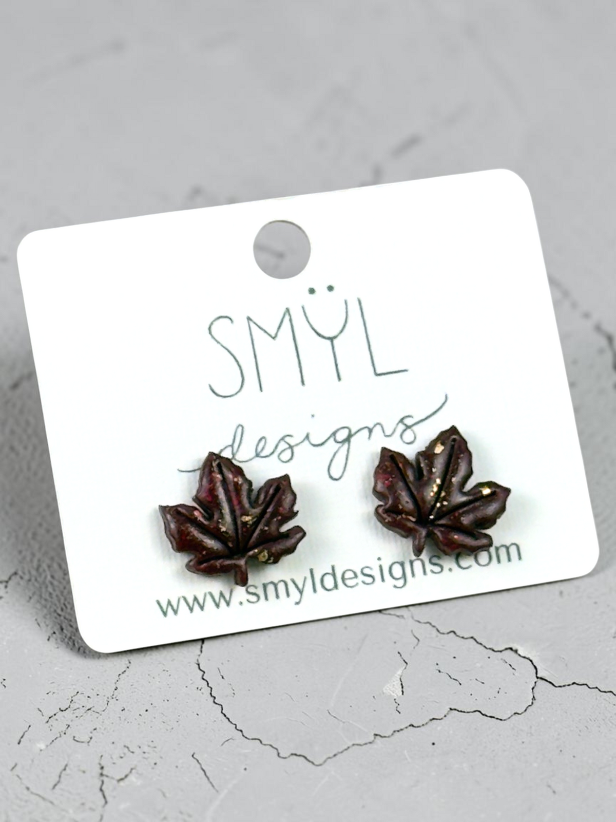 Burgundy oak leaf stud earrings with gold accents by SMYL Designs
