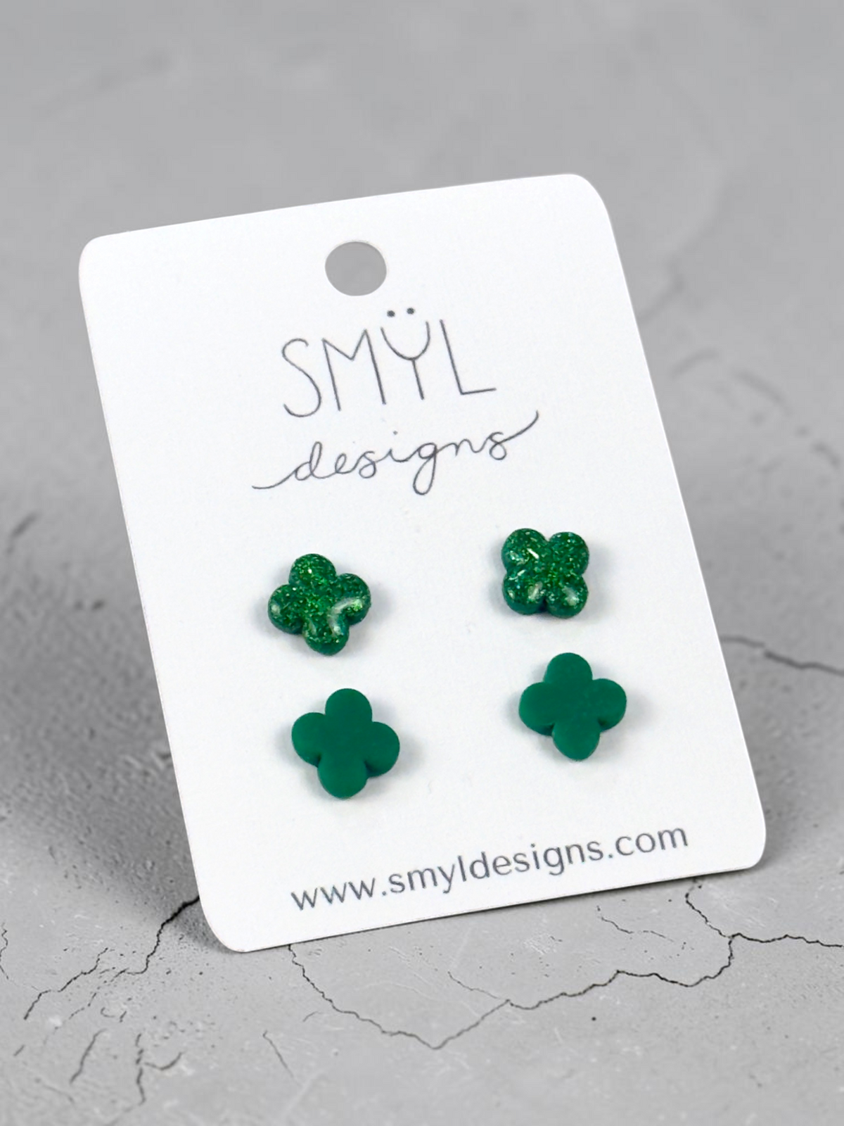 Green glitter and green shamrock stud earring pack by SMYL Designs
