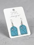 Sky blue moon landscape polymer clay dangle earrings with silver-tone hooks by SMYL Designs
