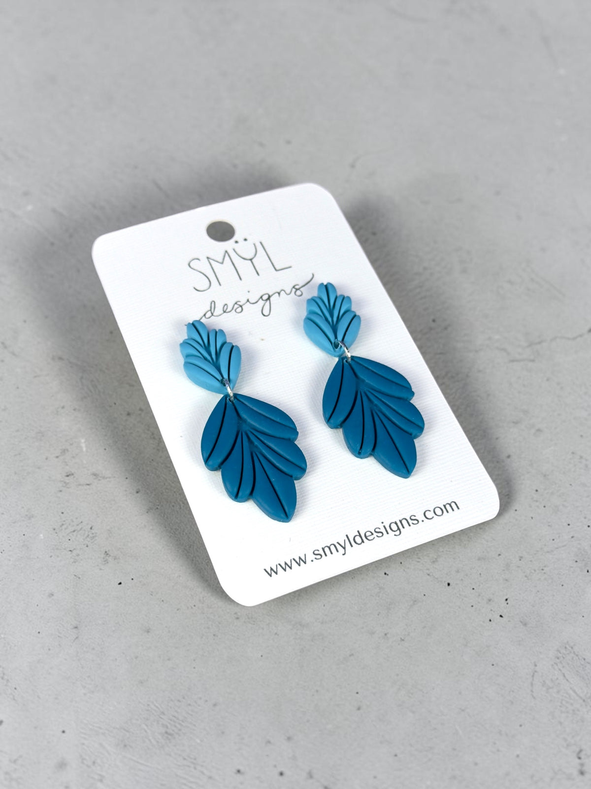 Teal polymer clay botanical leaf dangle earrings by SMYL Designs