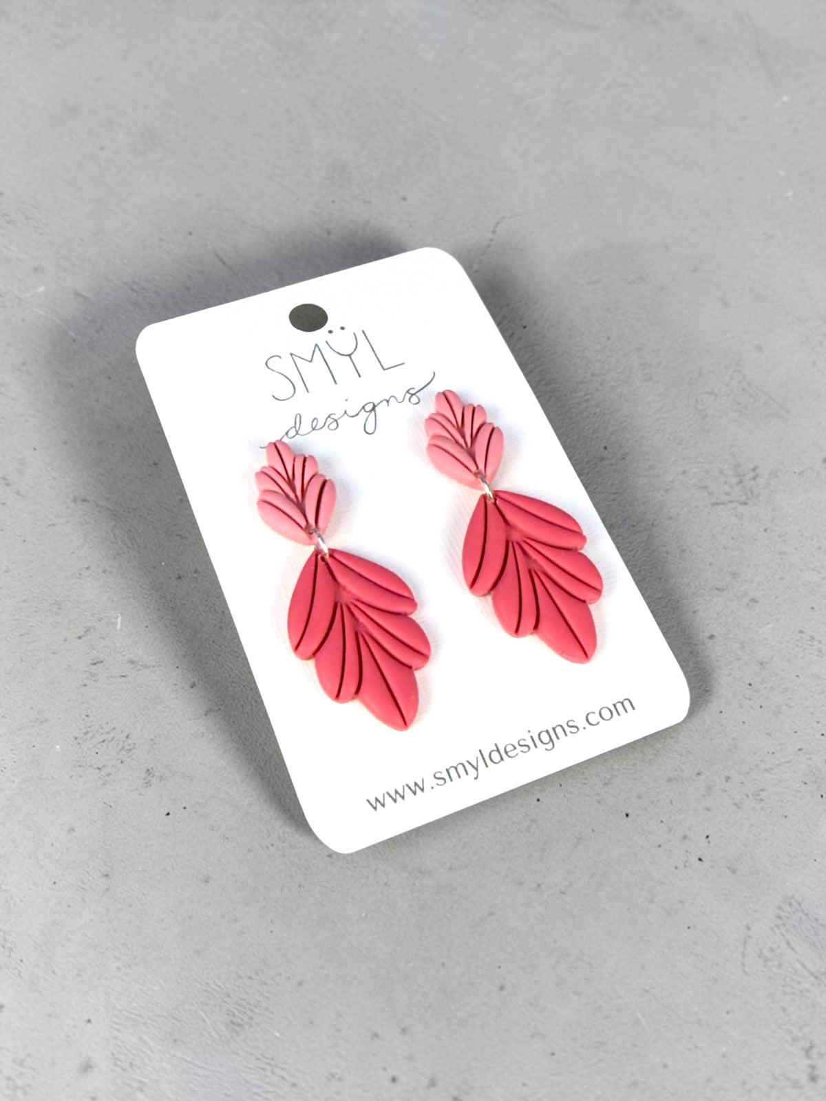 Pink polymer clay botanical leaf dangle earrings by SMYL Designs