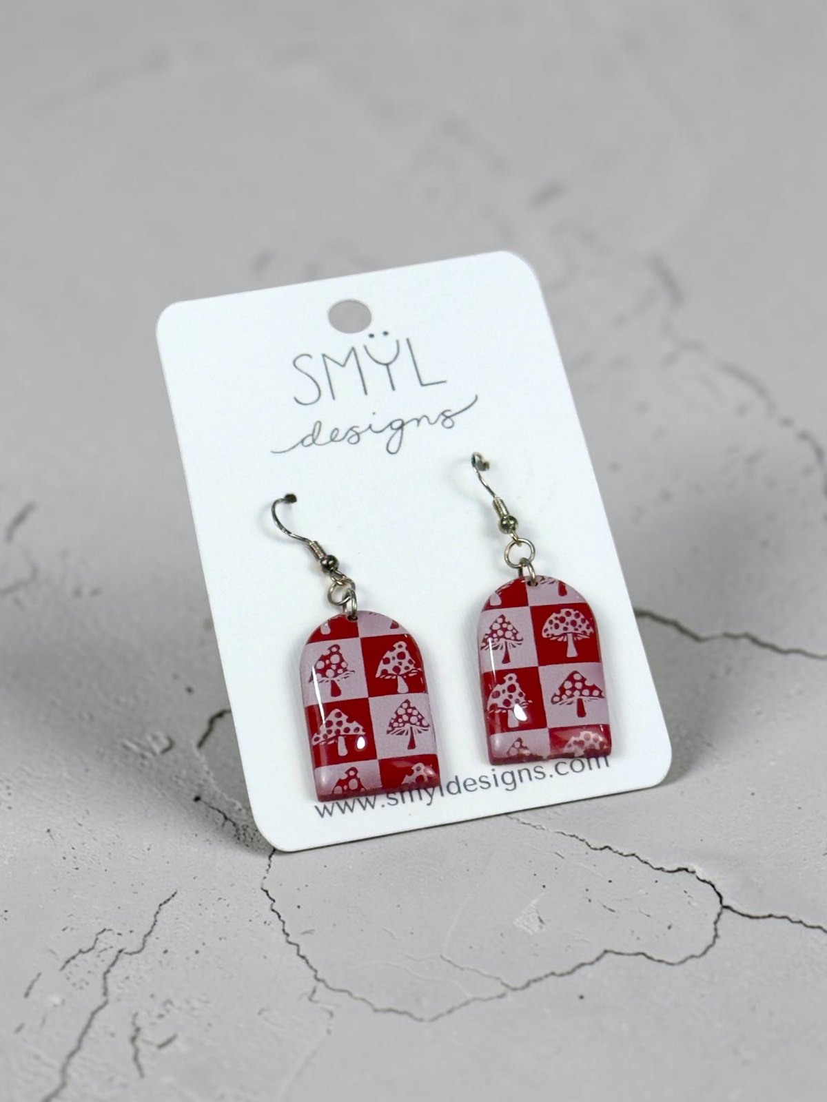 Red Mushroom Checkerboard Dangle Earrings by SMYL Designs